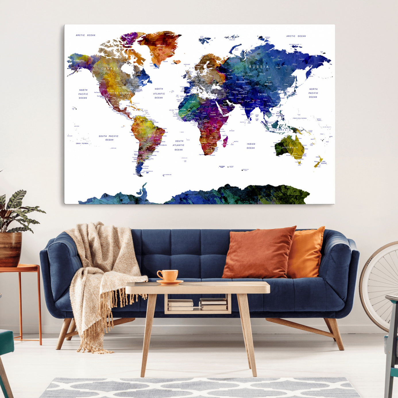 90446-MGV-CV-36X24-Colorful Watercolor World Map Canvas Wall Art – Framed Modern Push Pin Travel Map for Home and Office Decor