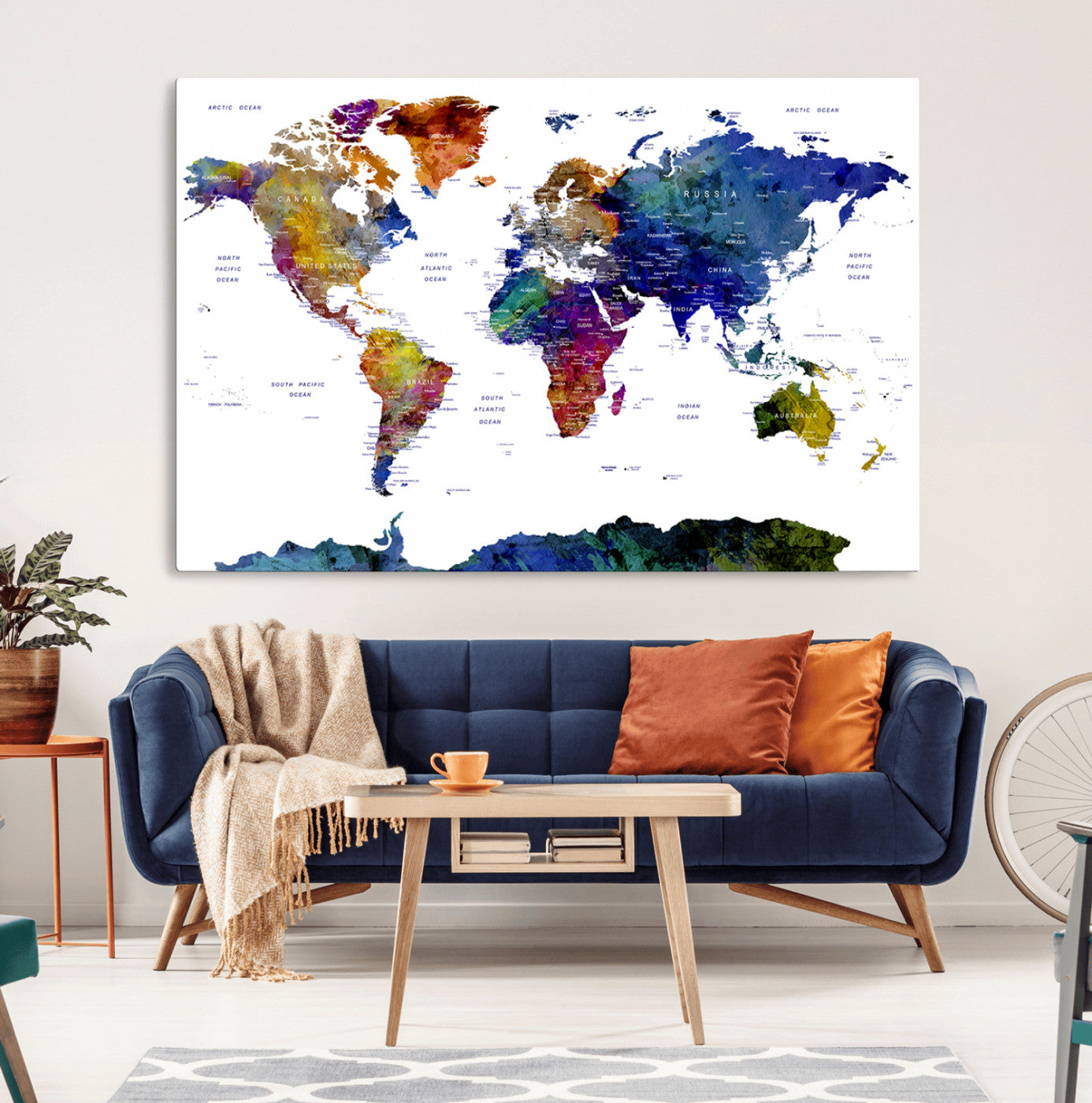 90446-MGV-CV-36X24-Colorful Watercolor World Map Canvas Wall Art – Framed Modern Push Pin Travel Map for Home and Office Decor