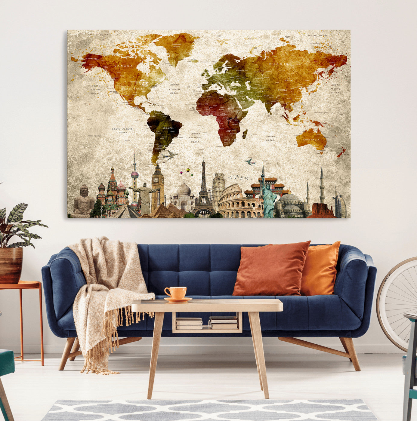 40637-MGV-CV-36X24-Push Pin World Map Canvas Print – Framed Travel Map Wall Art for Couples, Anniversary Gift, Modern Home or Office Decor