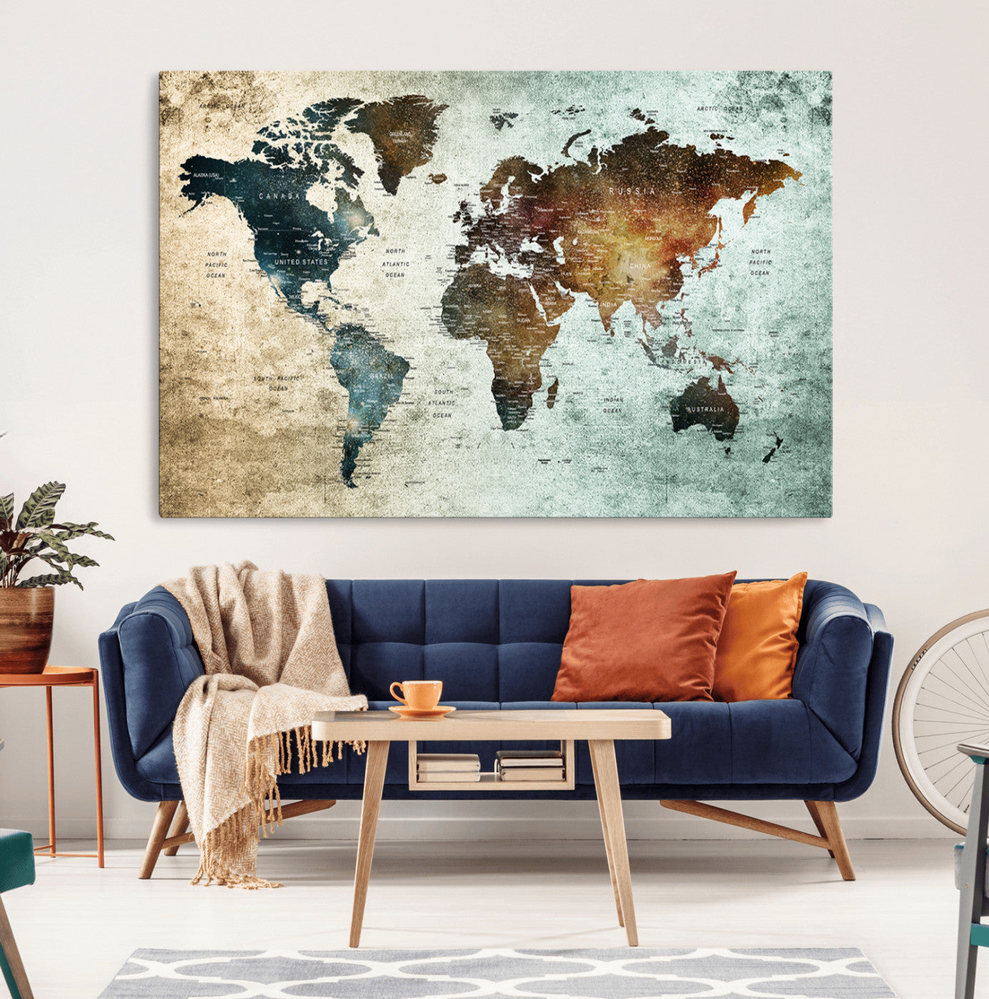 25140-MGV-CV-36X24-World Map Canvas Print – Framed Vintage Style Push Pin Wall Art, Elegant Travel Map Decor for Home or Office