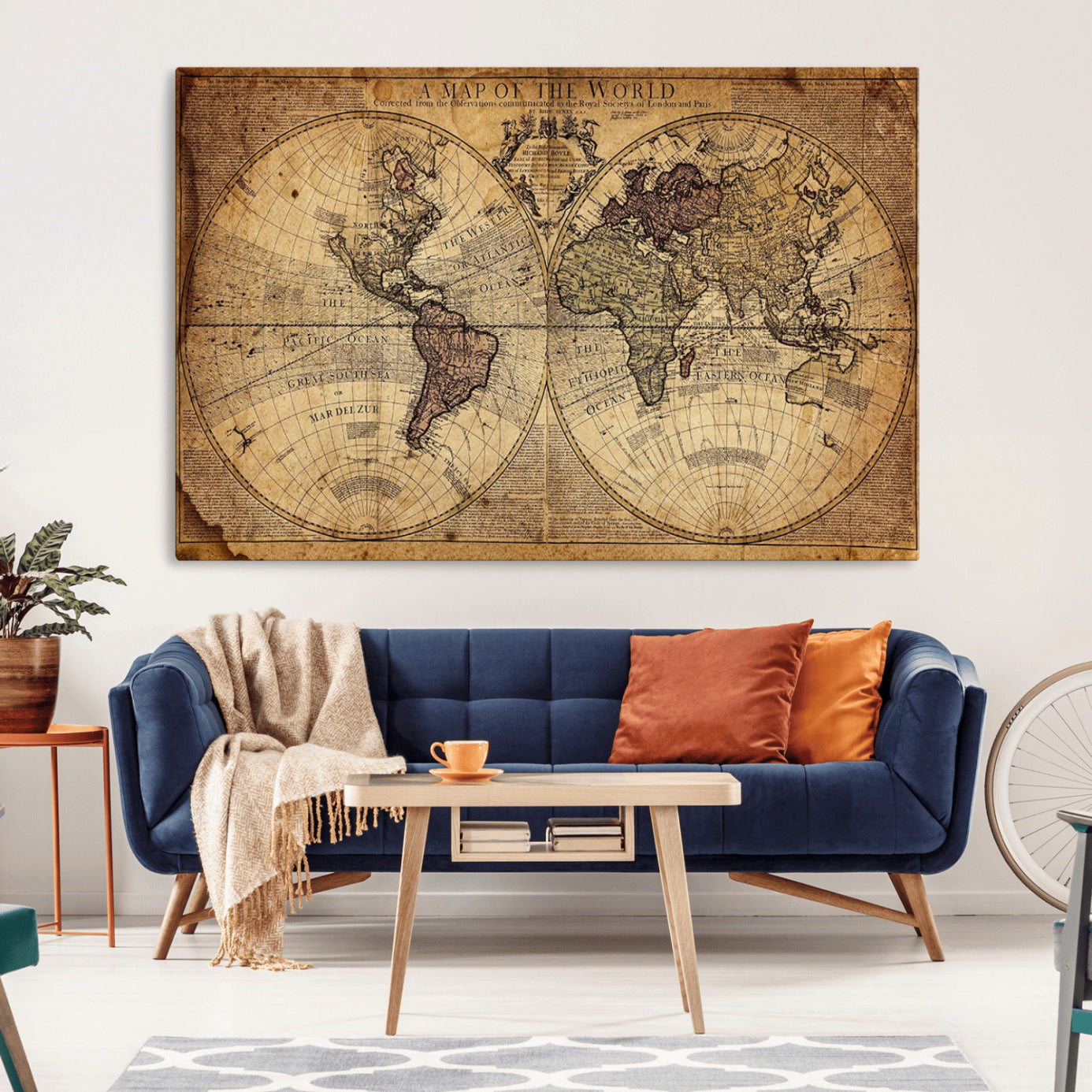 -Vintage World Map Wall Art Canvas – Antique Style Push Pin Travel Map, Framed Decorative Wall Decor for Home, Office