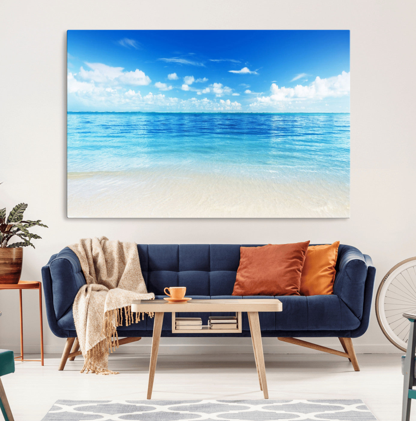 -Beach Scene Canvas Wall Art Print – Tranquil Ocean Horizon and White Sand Beach Wall Decor for Home