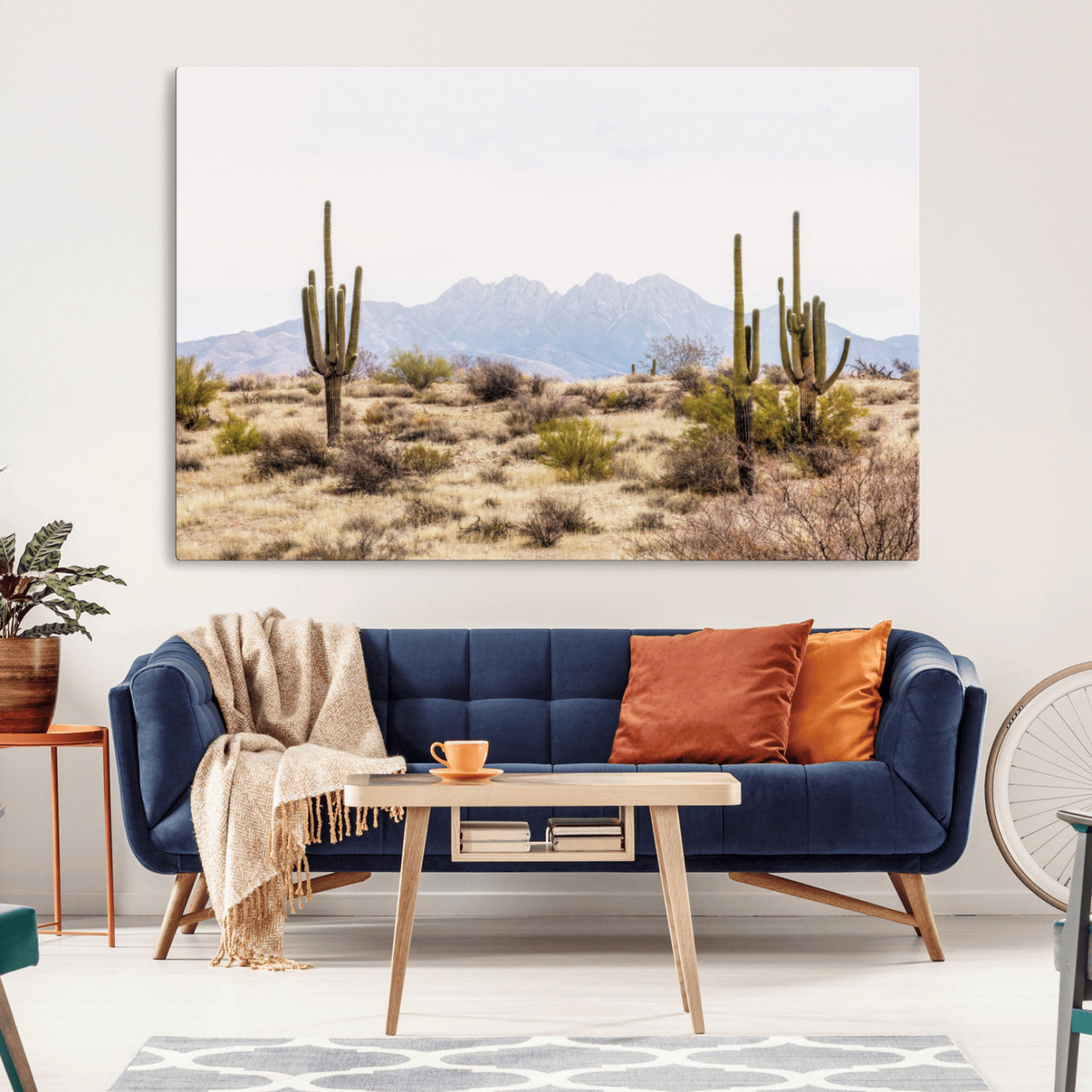 -Desert Cactus Canvas Wall Art – Serene Southwestern Arizona Landscape with Majestic Mountains -