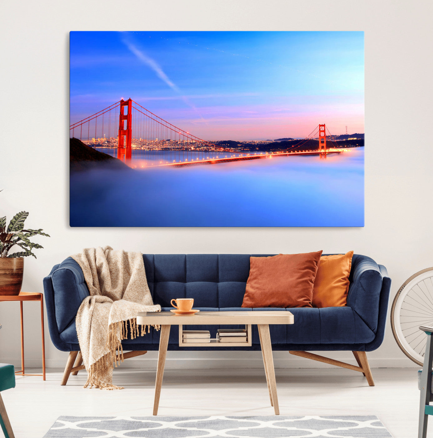14572-MGV-CV-36X24-Large San Francisco Wall Art Canvas Print – Framed Golden Gate Bridge Scene with Fog Artwork for Home, Office
