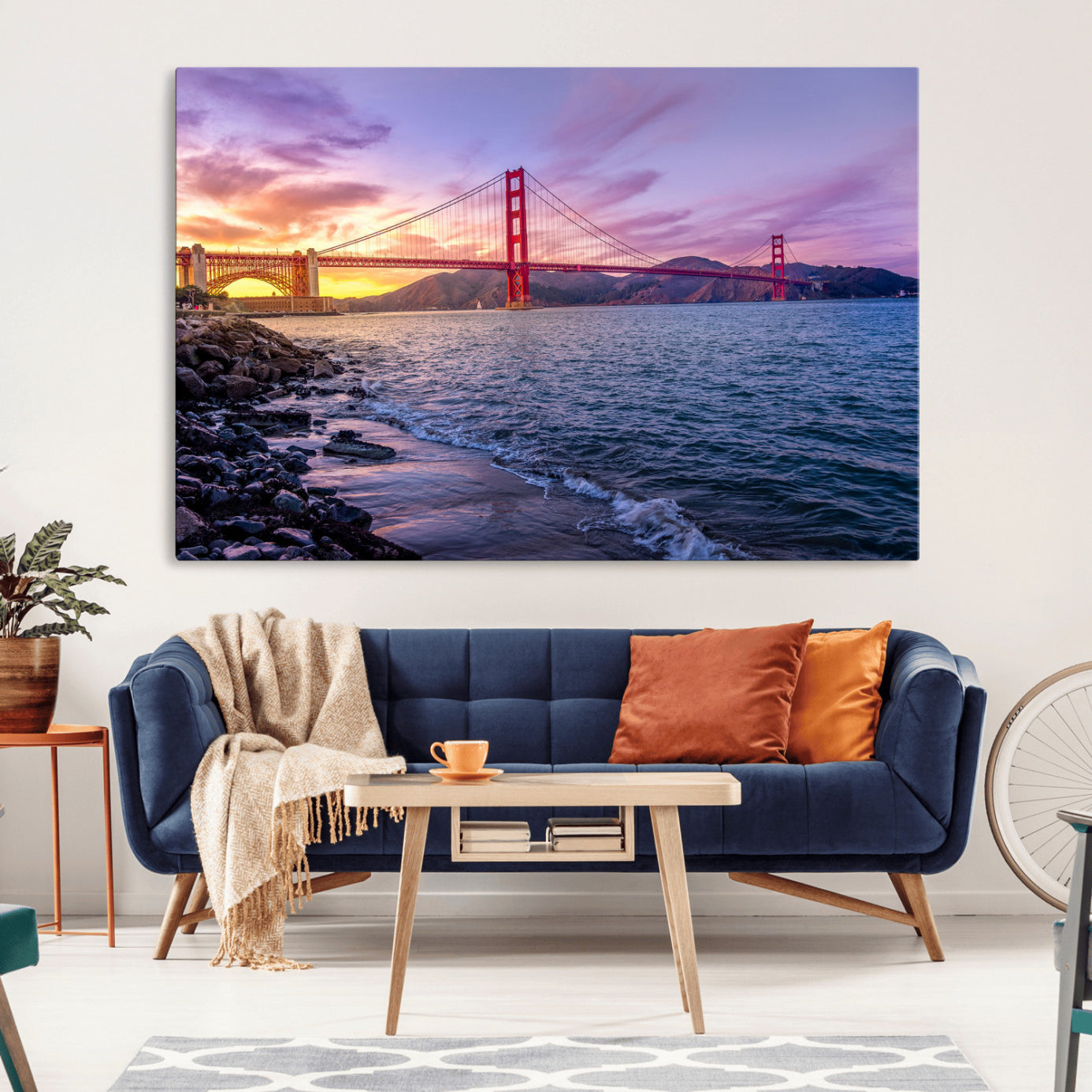 24256-MGV-CV-36X24-Golden Gate Bridge Wall Art Canvas Print – Framed San Francisco Sunset Scene with Cityscape Artwork for Home, Office