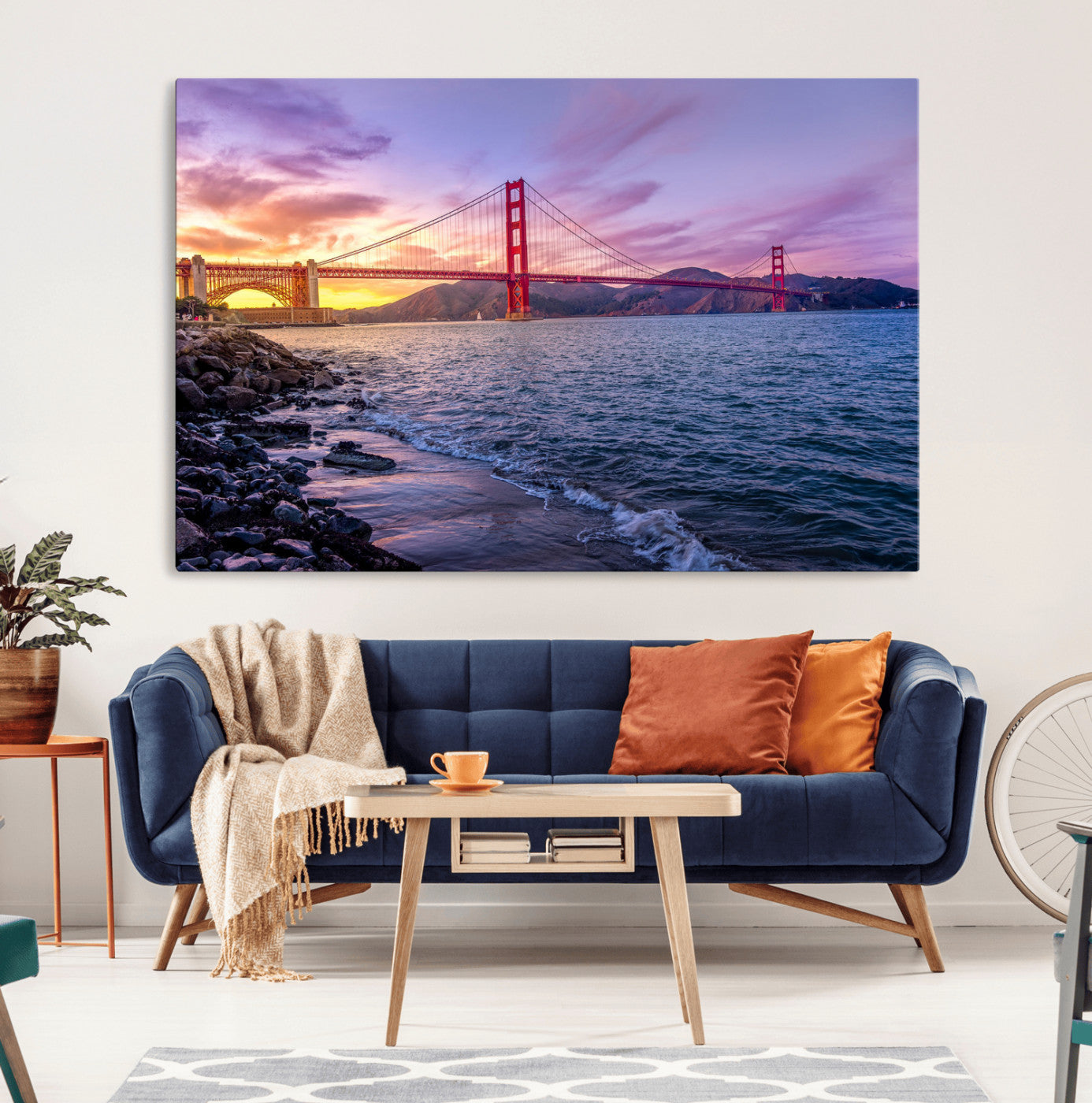 24256-MGV-CV-36X24-Golden Gate Bridge Wall Art Canvas Print – Framed San Francisco Sunset Scene with Cityscape Artwork for Home, Office
