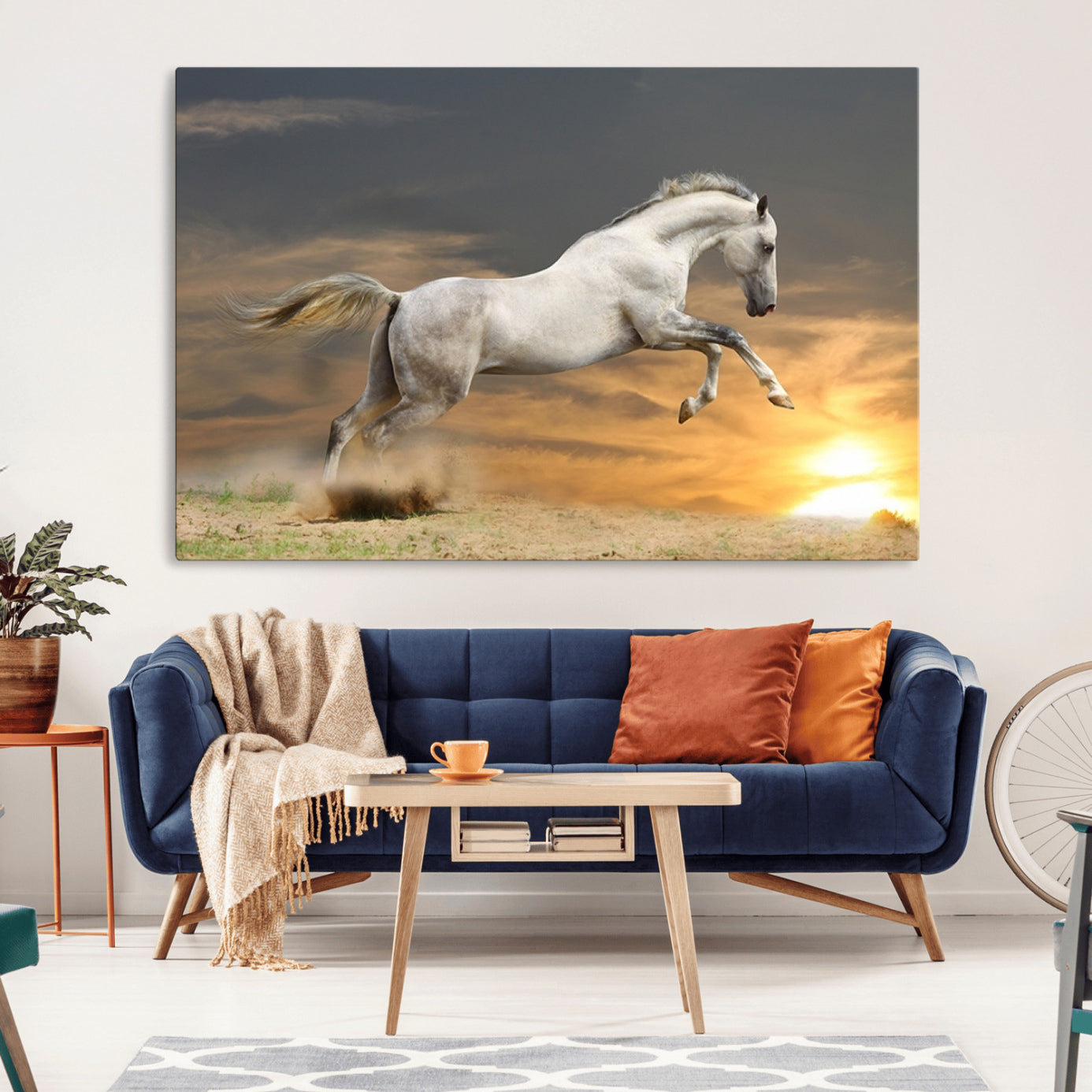 -Large Wall Art Canvas Print – White Jumping Horse Sunset Scene Animal Artwork for Home, Office, Living Room Decor