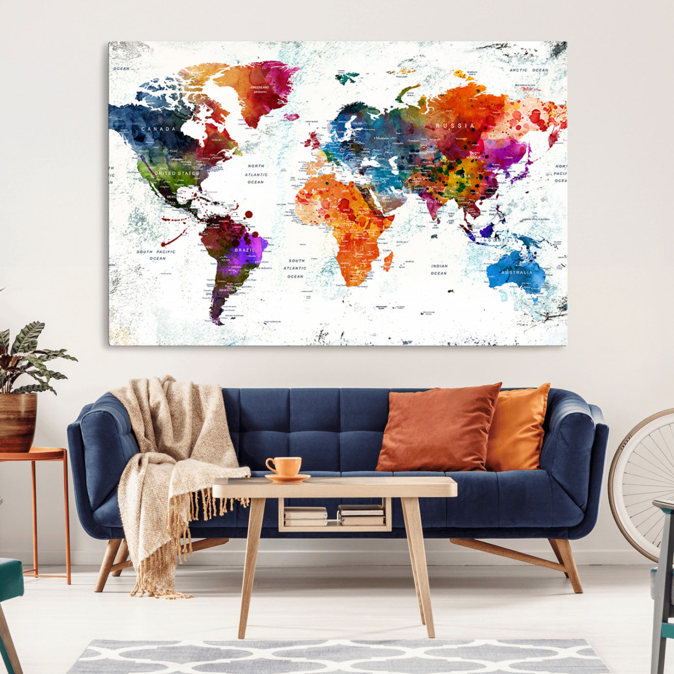 -Push Pin World Map Canvas Print – Framed Travel Map Wall Art for Couples, Anniversary Gift, Modern Home or Office Decor