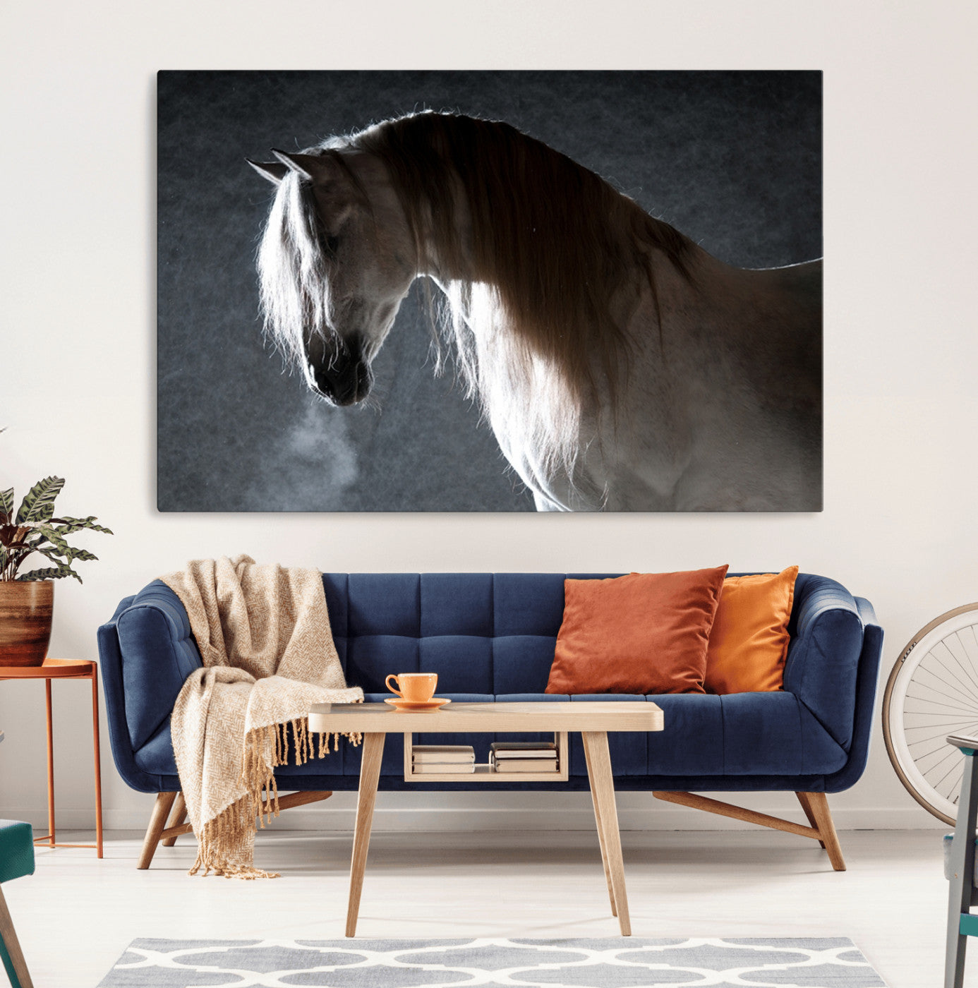 -Large Wall Art Cream Colored Horse on Grey Background Canvas Print