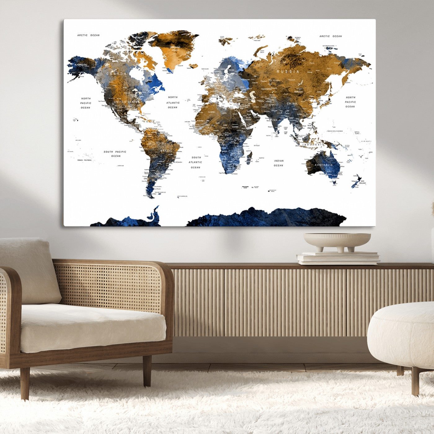 56231-MGV-CV-36X24-Navy and Gold World Map Canvas Wall Art – Framed Modern World Map Print, Elegant Travel Inspired Artwork for Home and Office Decor