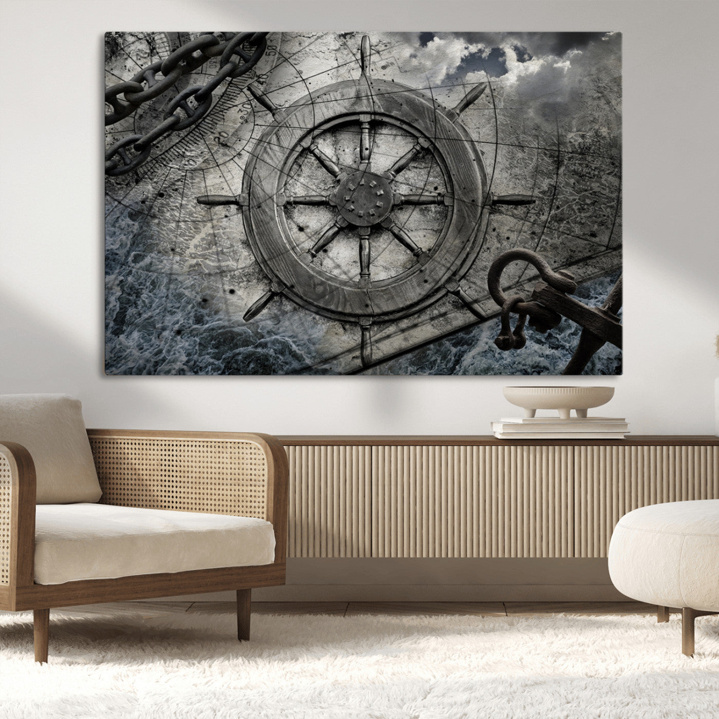 -Ship Steering Wheel Vintage Wall Art Canvas Print