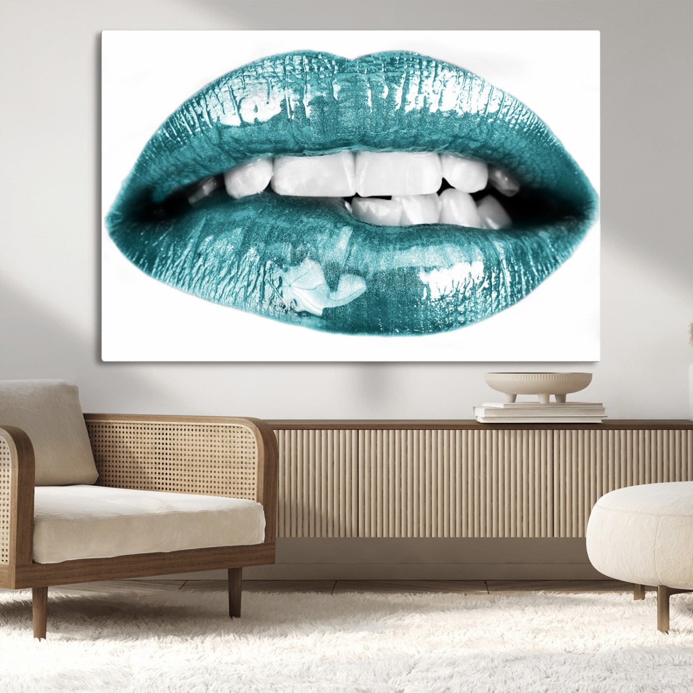 -Blue Lips Wall Art Canvas Print