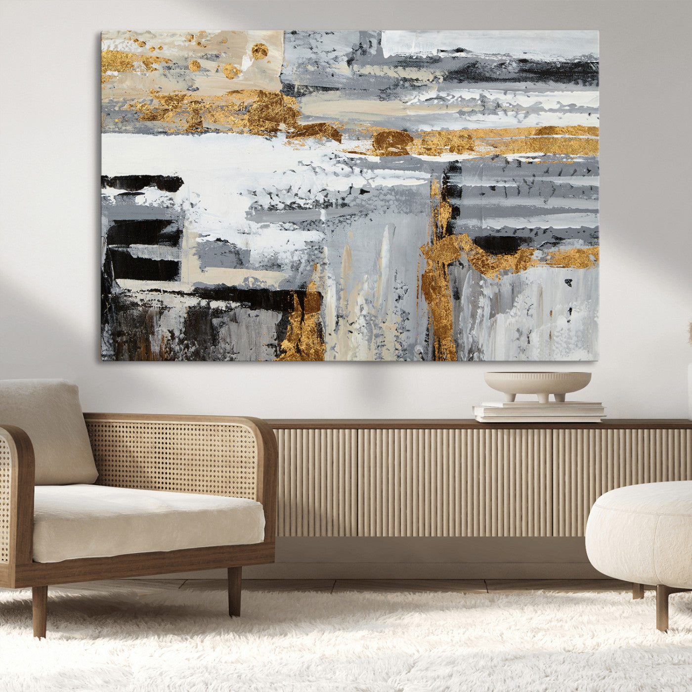 43177-MGV-CV-36X24-Abstract Painting Canvas Wall Art Print Paint Drip Art Brush Strokes Gray Artwork