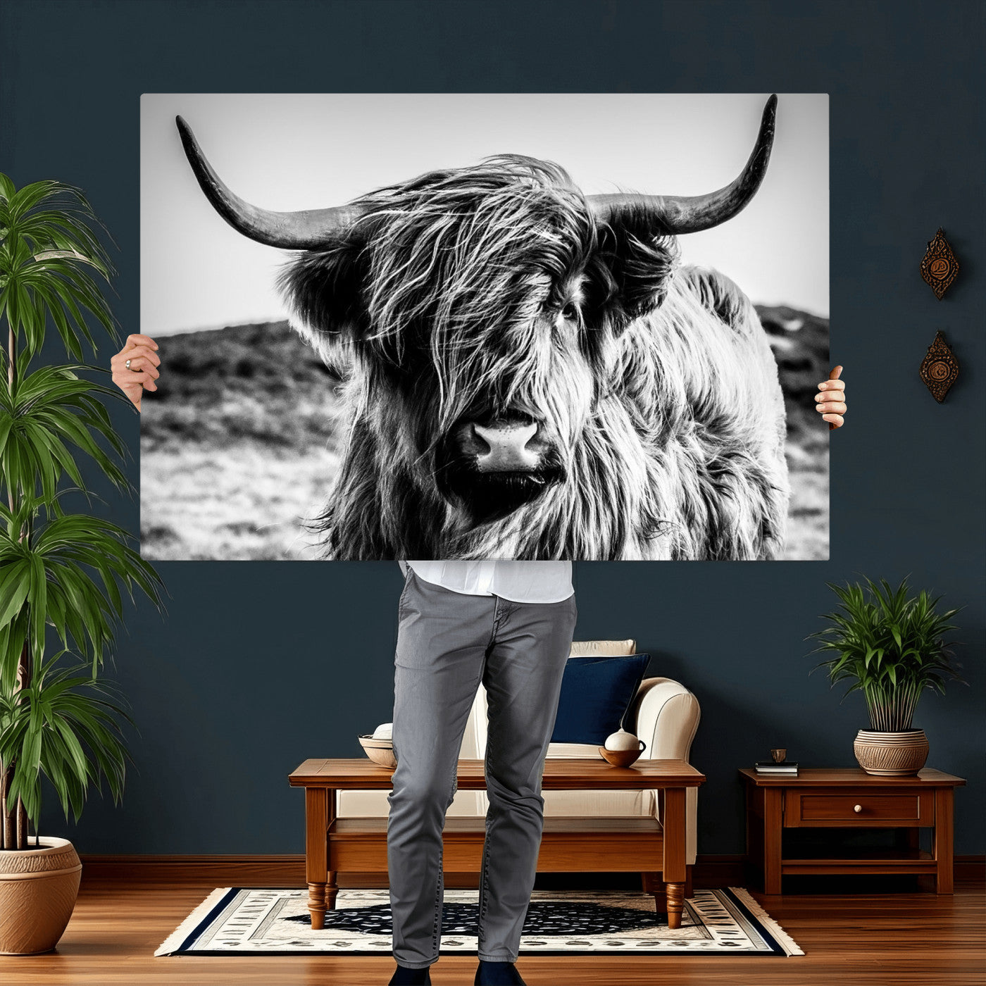54309-MGV-CV-36X24 - Black and White Scottish Cow Canvas Wall Art Highland Cattle Canvas Print Framed Ready to Hang Original Cotton Canvas High Quality Image Multi Panel Wall Art Printable Artwork for Walls