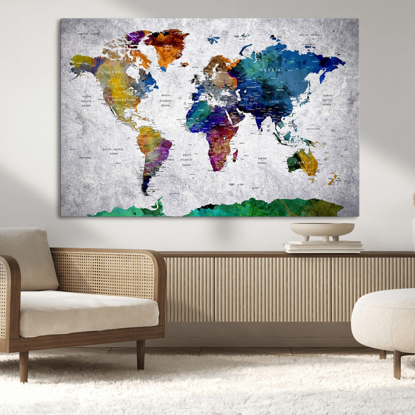 26840-MGV-CV-36X24-Push Pin World Map Canvas Print – Framed Travel Tracker Wall Art for Couples, Anniversary Gift and Modern Home Decor