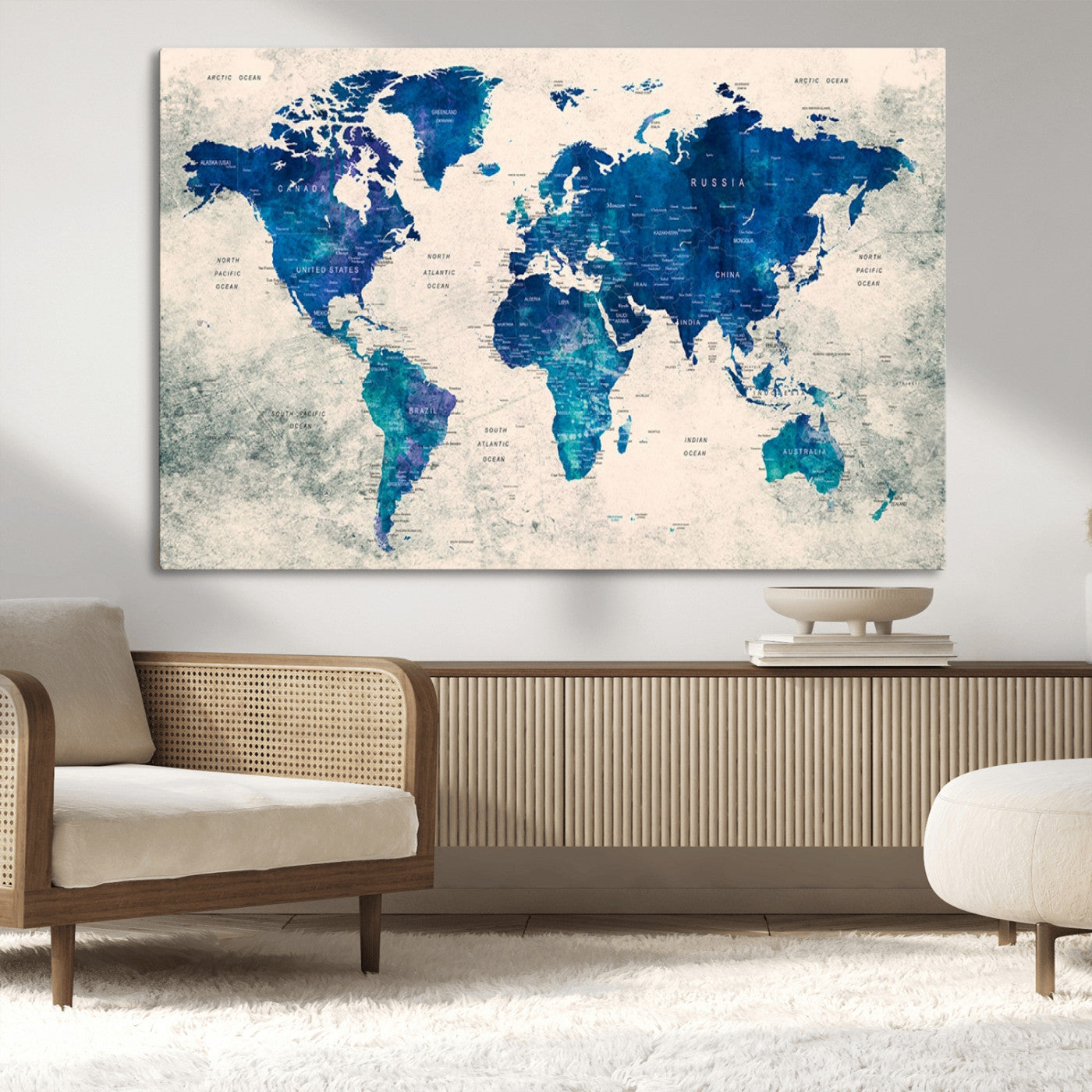 43947-MGV-CV-36X24-Blue Watercolor World Map Canvas Print – Framed Modern Wall Art, Elegant Push Pin Travel Map Decor for Home Office or Living Room