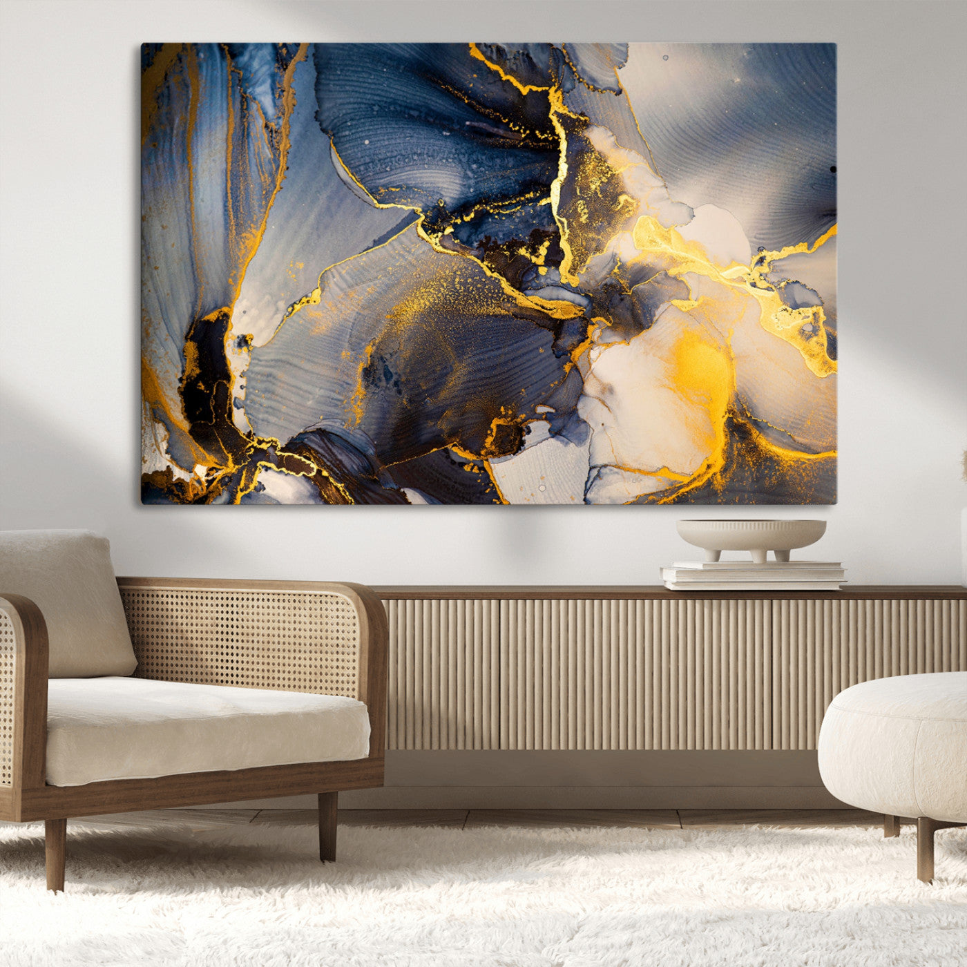 42100-MGV-CV-36X24-Large Abstract Wall Art Print - Gold and Blue Abstract Canvas Wall Art | Fluid Ink Modern Luxury