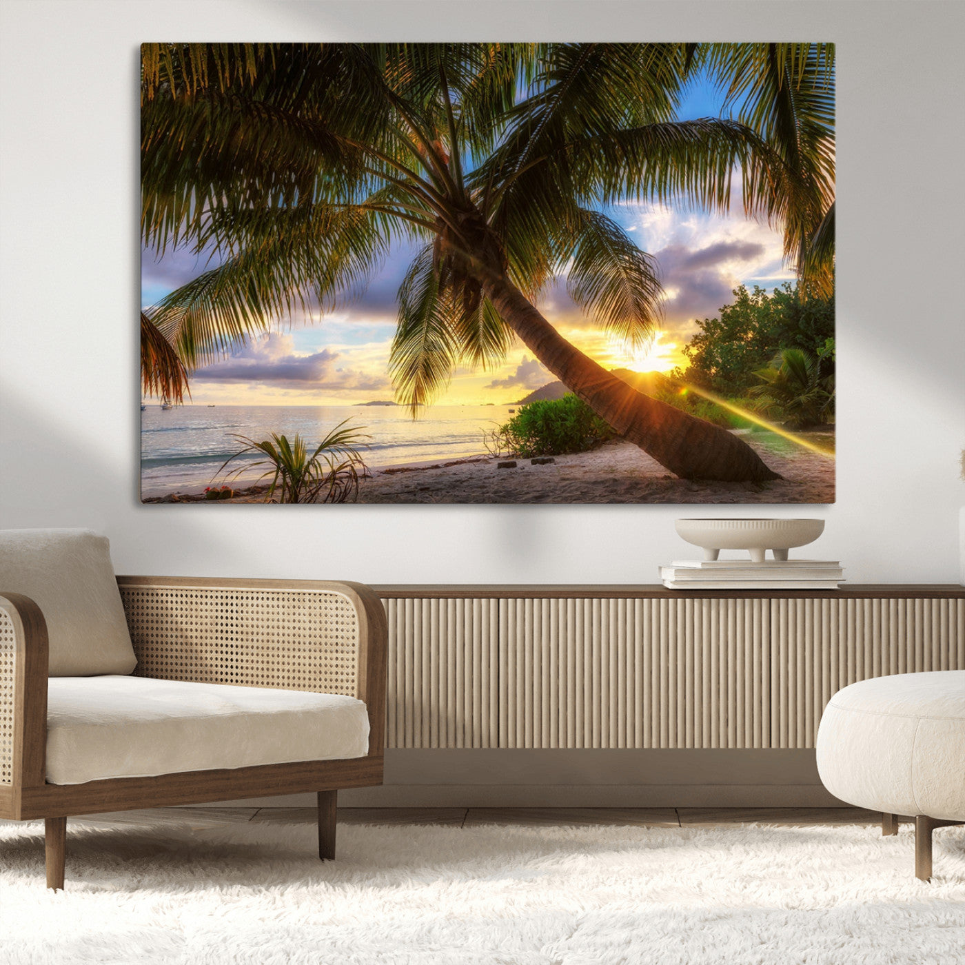 -Tropical Island Sunset on the Beach Palms Wall Art Canvas Print