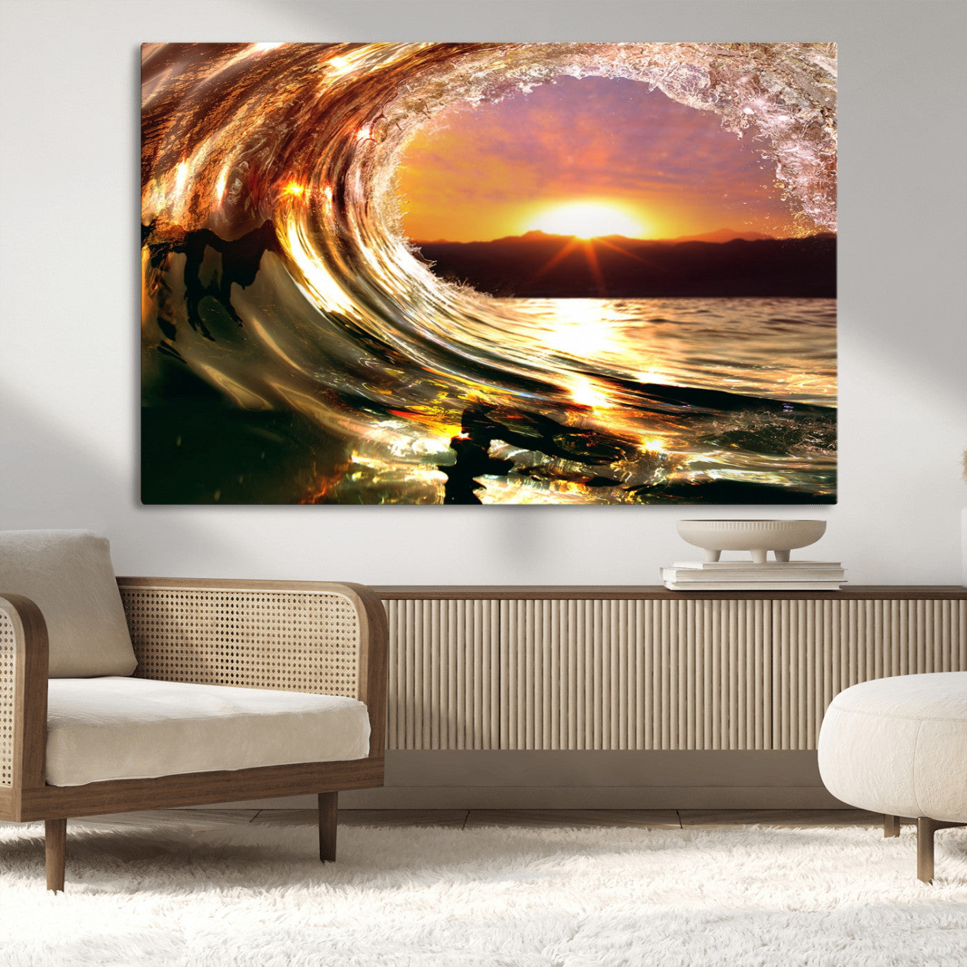 -Golden Wave Sunset Triptych Canvas Art, Giclee Canvas Print of Ocean Wave and Sunset, Framed Ocean