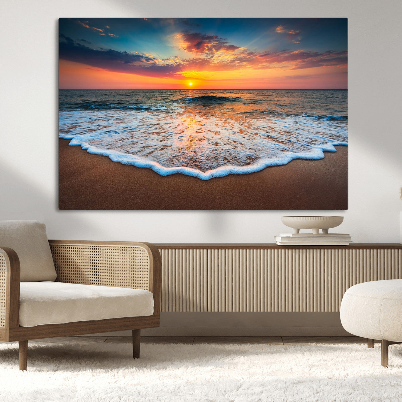 -Sunset Beach Canvas Wall Art – Colorful Ocean Waves Triptych – Coastal Decor for Living Room or