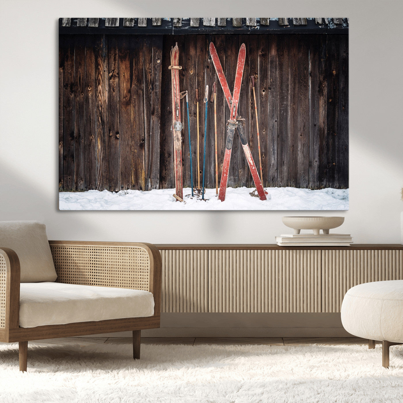 -Vintage Ski Gear Canvas Print, Vintage Ski Gear Against Wooden Cabin Wall, Rustic Winter Sports
