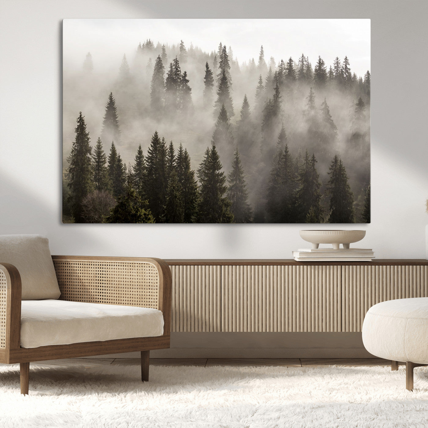 62862-MGV-CV-36X24-Foggy Mountain Wall Art | 3-Panel Foggy Forest and Mountain Landscape | Large Giclee Print for