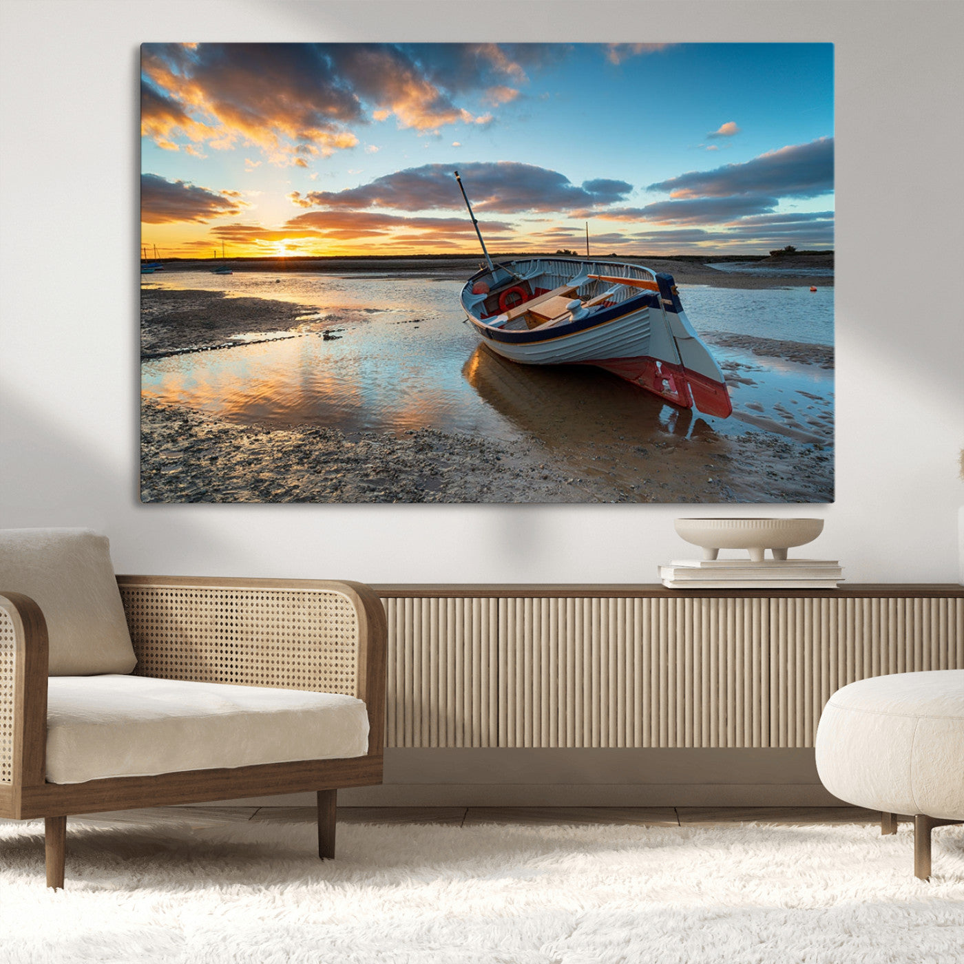 -Small Boat At The Beach Sunset Wall Art, Boat Sunset Wall Art Canvas Print