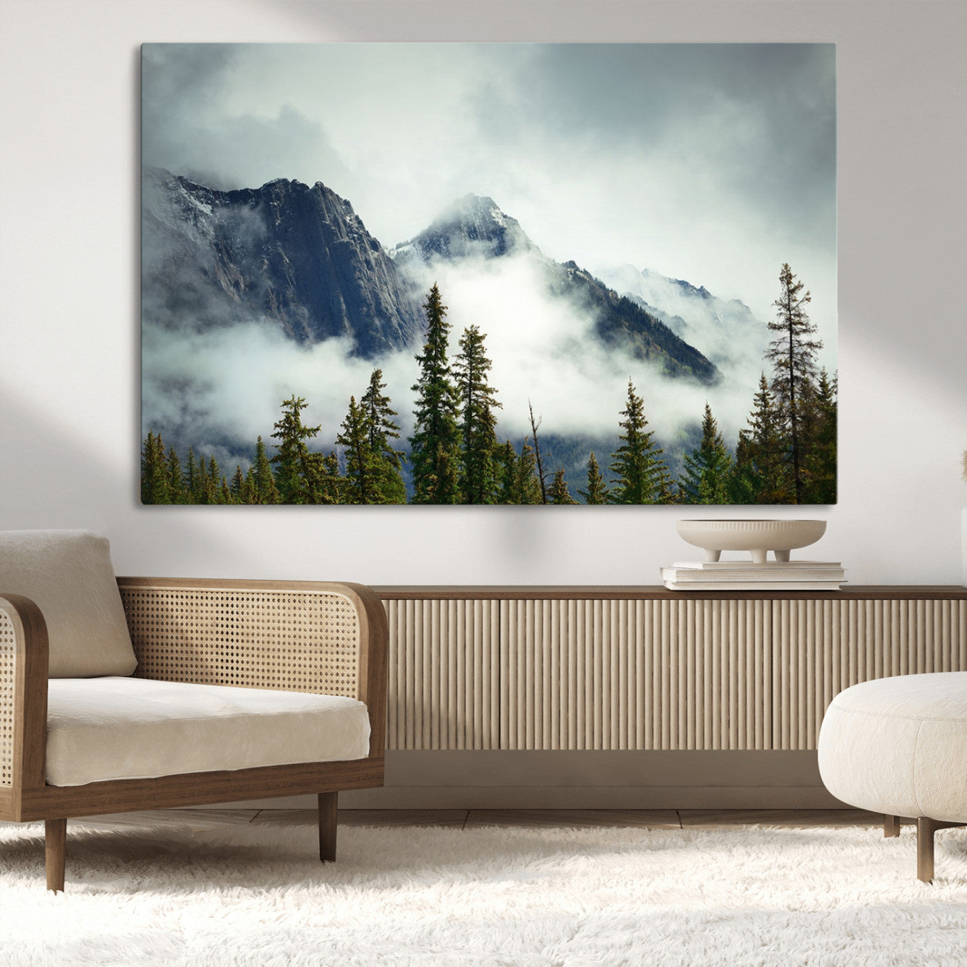 93219-MGV-CV-36X24-Mountain Mist Canvas Wall Art Print | 3-Panel Foggy Forest and Mountain Landscape | Large Giclee