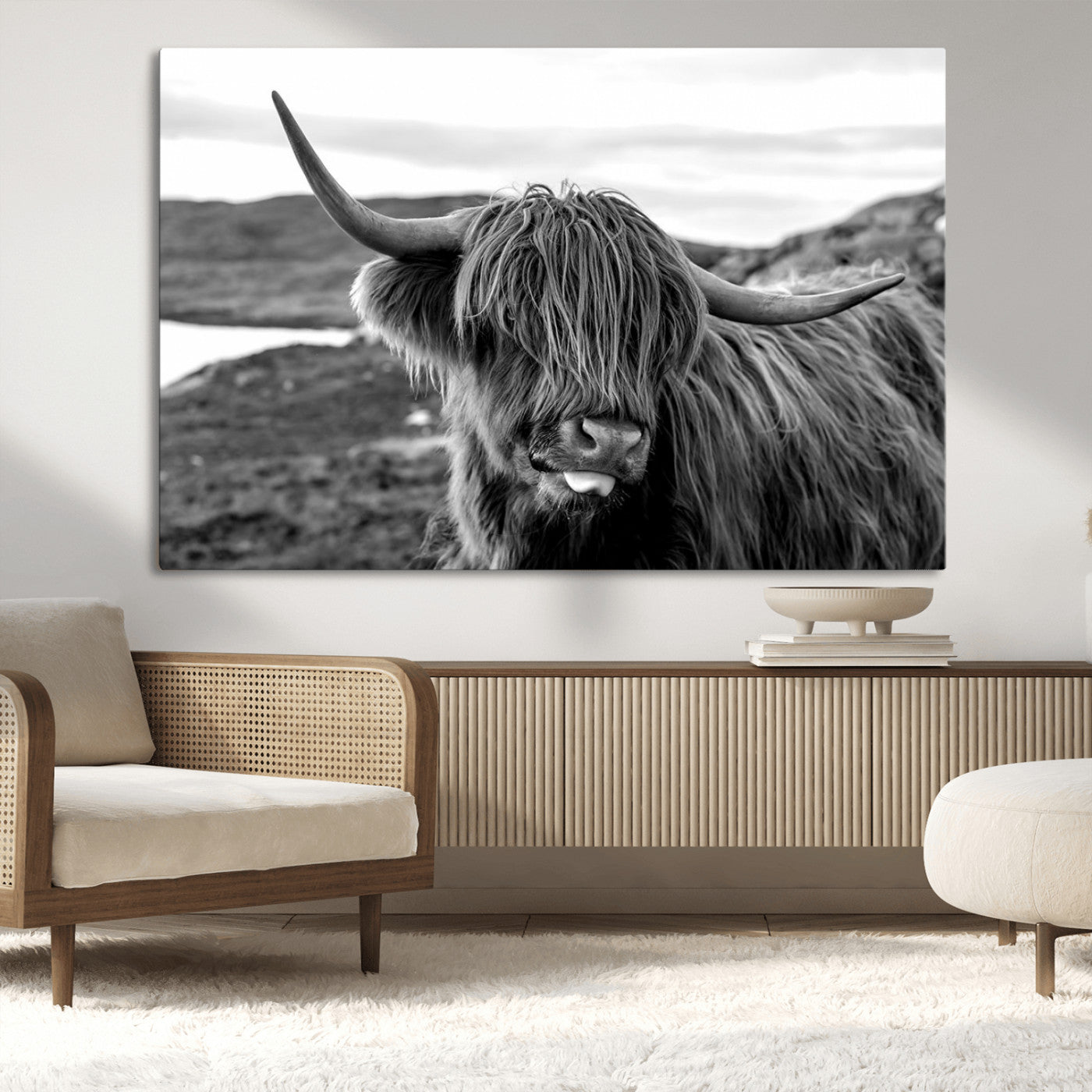 -Longhorn Steer Canvas Print Wall Art, Highland Cow Canvas Wall Art – Black and White Animal Portrait