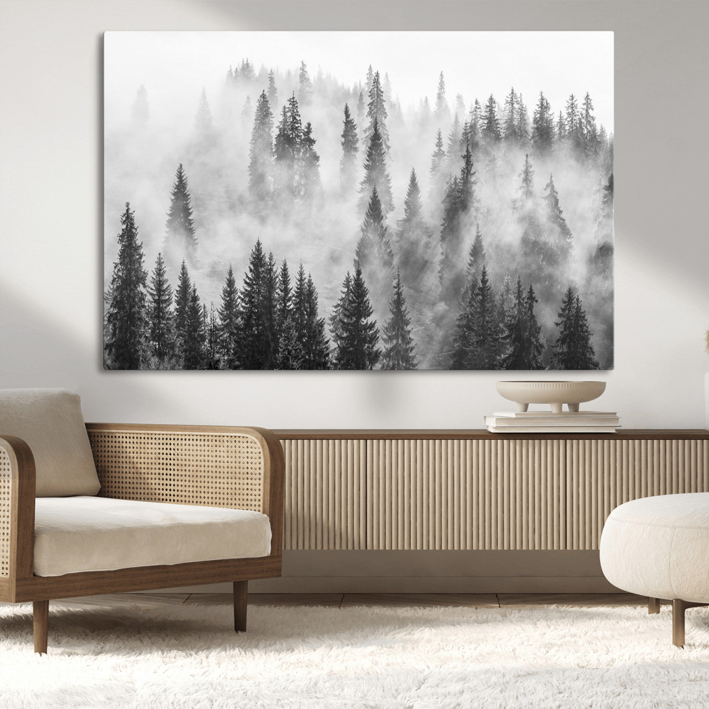 10422-MGV-CV-36X24-Forest Wall Art Print | Foggy Pine Forest Canvas Wall Art - Black and White Nature Decor for Living Room, Office