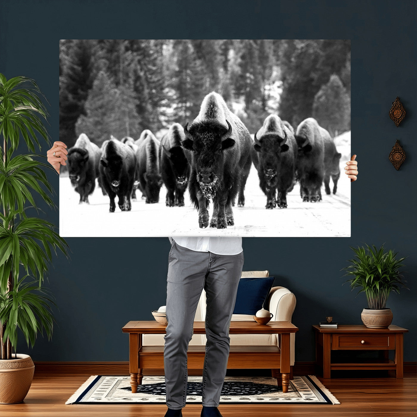 62434-MGV-CV-36X24 - Bison Herd in Snow Wall Art Canvas Print | Rustic Western Bison Wall Art for Decor for Living Room,