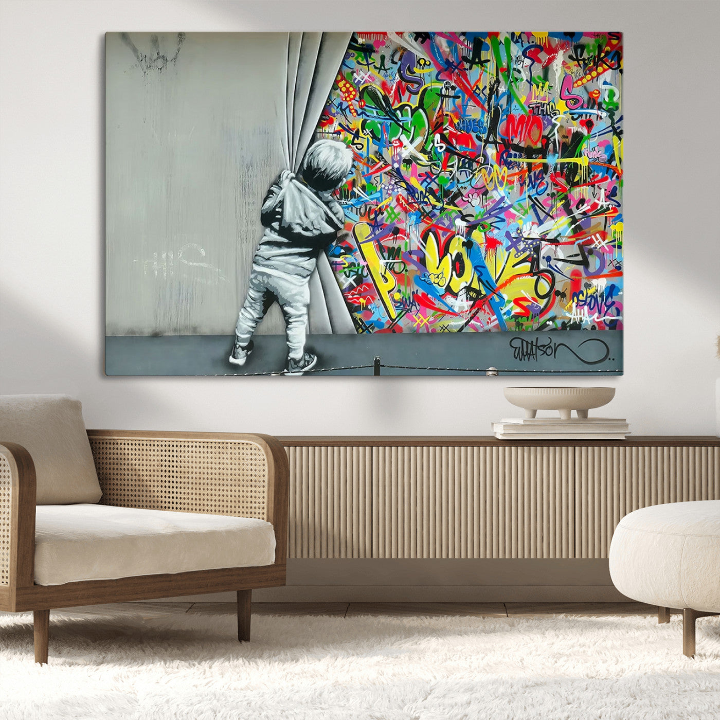 51713-MGV-CV-36X24-Banksy Colorful Street Graffiti Canvas Wall Art Print, Modern Art Triptych, Child and Graffiti Wall,
