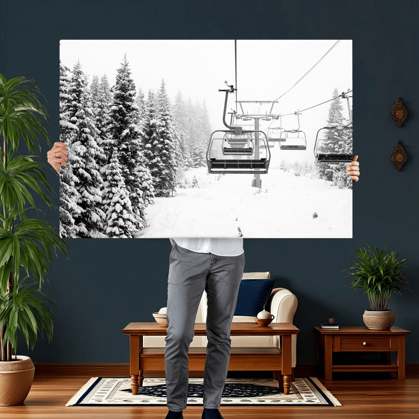70609-MGV-CV-36X24 - Ski Wall Art - Ski Lift Wall Art Canvas Print Snow Covered Spruce Trees Winter Wall Art Ski Skier