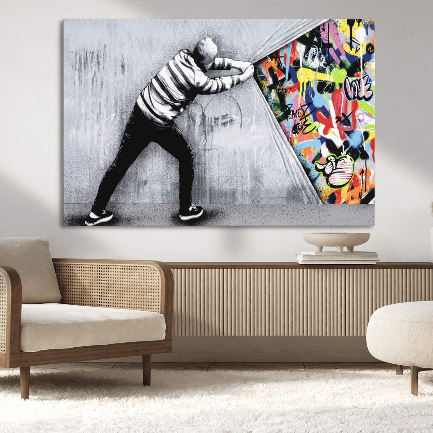 52252-MGV-CV-36X24-Banksy Art Behind the Curtain Street Wall Art Canvas Print | 3-Panel Urban Graffiti-Inspired Wall