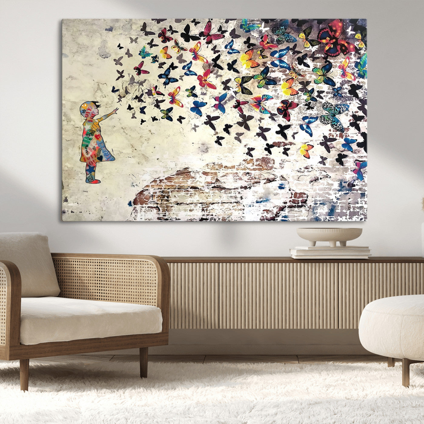 -Banksy Wall Art - Banksy Girl Butterfly Graffiti Wall Art Canvas Print - Butterfly Girl and Freedom