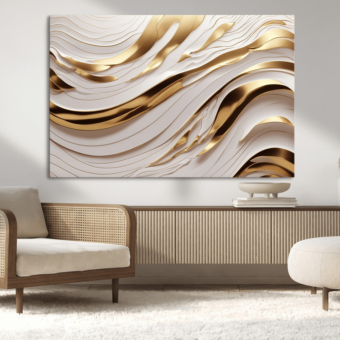 81197-MGV-CV-36X24-Gold and White Abstract Wave Canvas – Elegant Flowing Design with Luxurious Golden Accents –