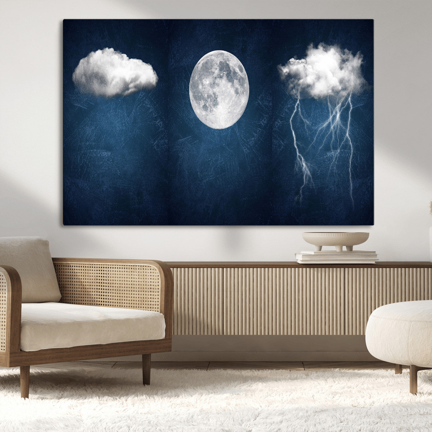 96569-MGV-CV-36X24-Dark Blue Cloud Art, 3 Piece Indigo Blue Wall Art, Aesthetic Surreal Art, Thunderstorm Moon Cloud