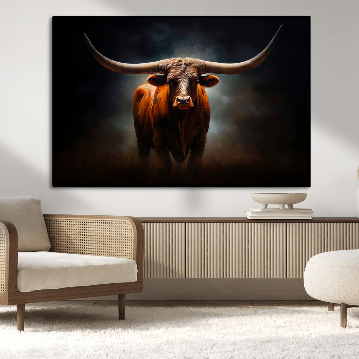 48896-MGV-CV-36X24 - Abstract Texas Longhorn Wall Art Print | 3-Panel Large Texas Longhorn Canvas Print for Living Room,
