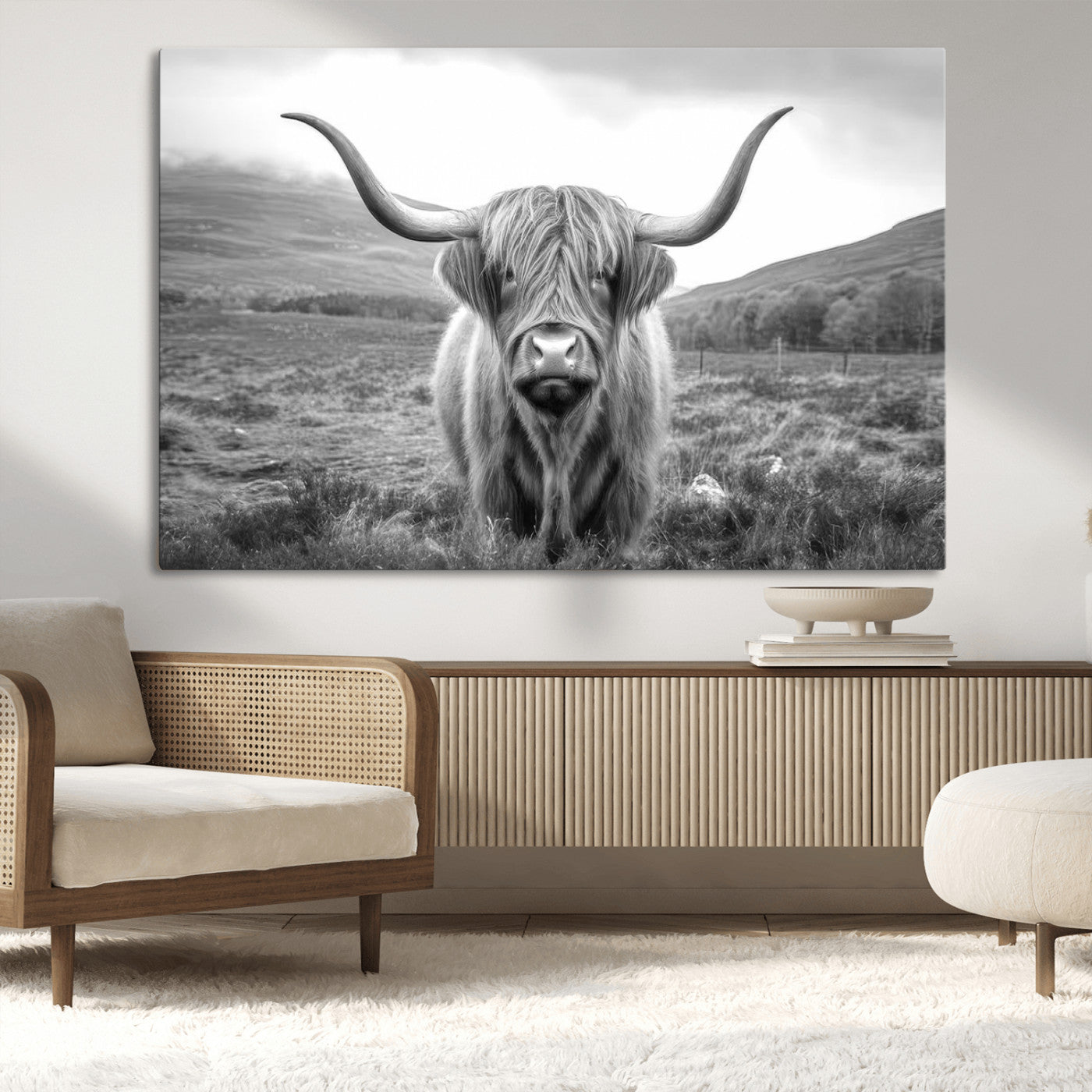-Black White Scottish Highland Cow Canvas Farm Wall Art Canvas Print Rustic Animal Art for Home, Office Decor
