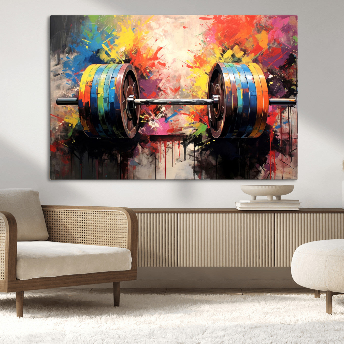 80436-MGV-CV-36X24-Weightlifting Barbell Art Triptych, Bold Abstract Fitness Wall Decor for Gym or Home, Giclee Canvas