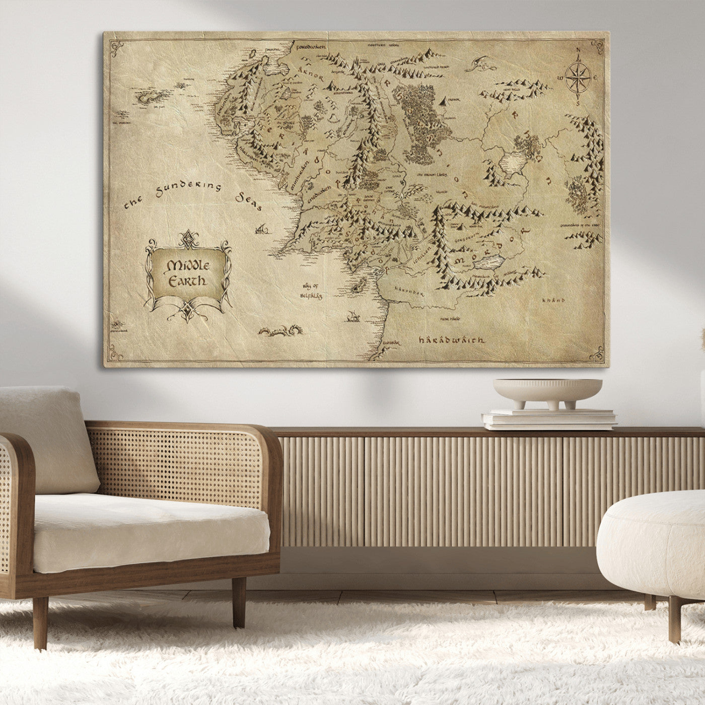 21784-MGV-CV-36X24-Vintage Middle Earth Map Wall Art Canvas – Lord of the Rings Inspired Framed Map Print, Classic Fantasy Decor for Home, Office