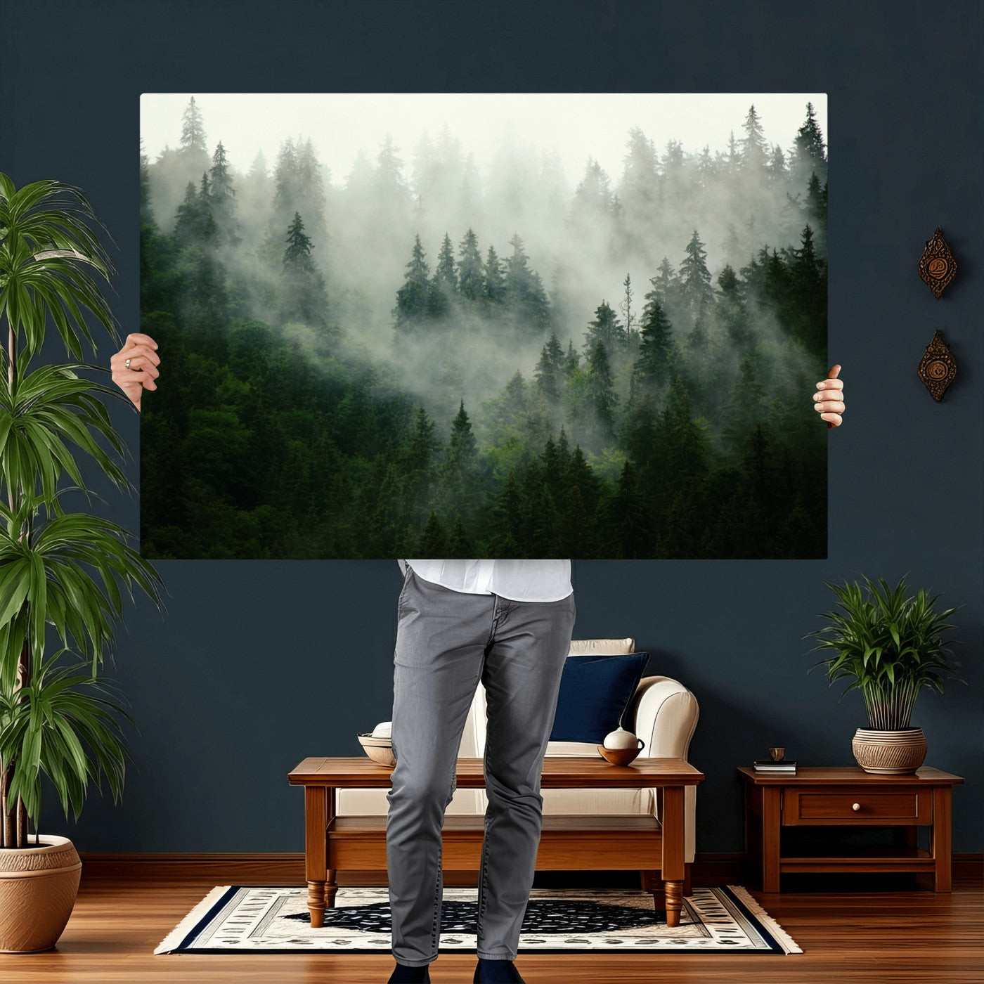 167720496-MGV-CV-36X24 - Misty Forest Mountain Wall Art Canvas | Large 3-Panel Foggy Landscape Canvas Print | Nature Misty