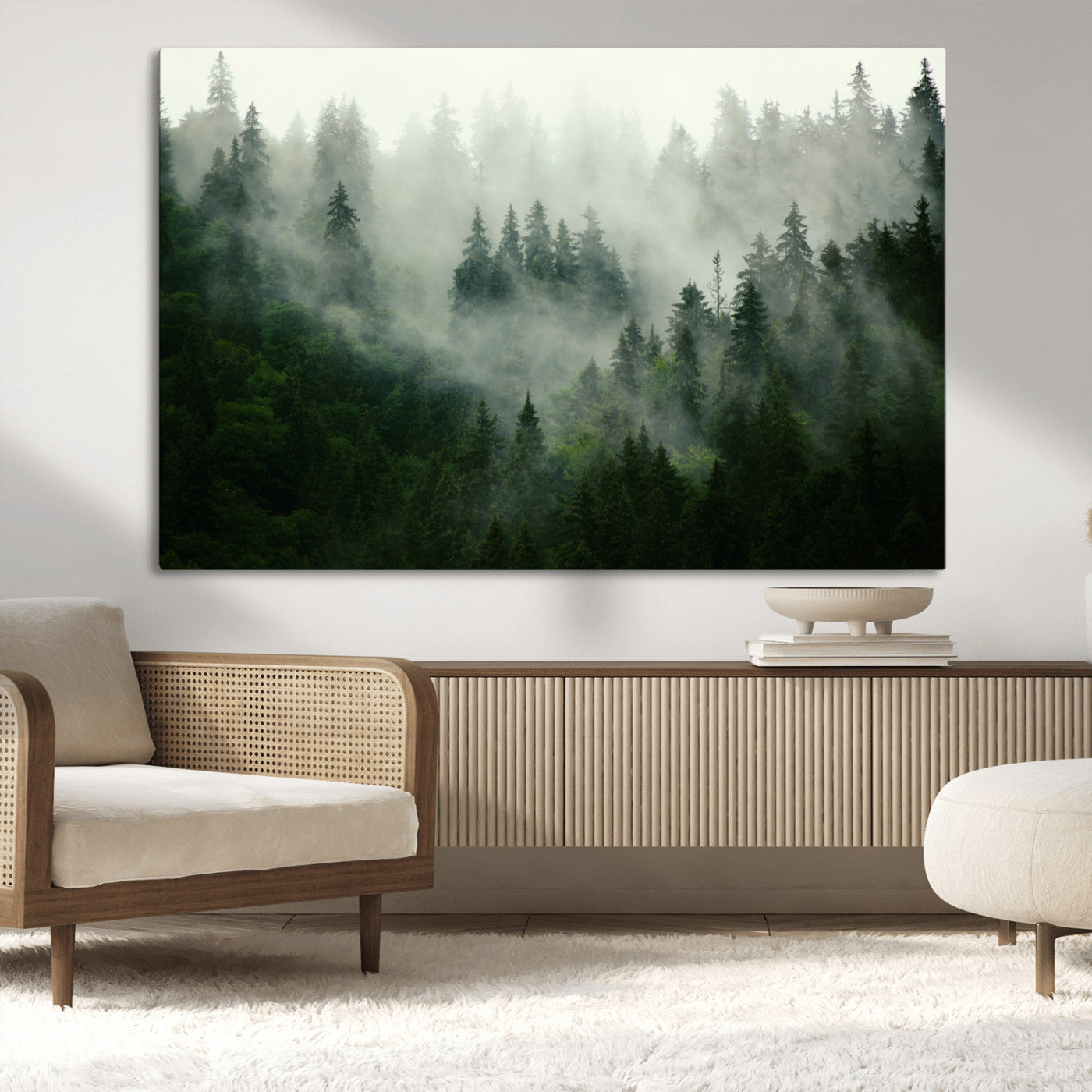 167720496-MGV-CV-36X24-Misty Forest Wall Art – Tranquil Green Woodland Canvas Print, Nature Landscape Decor for Living Room, Bedroom or Office