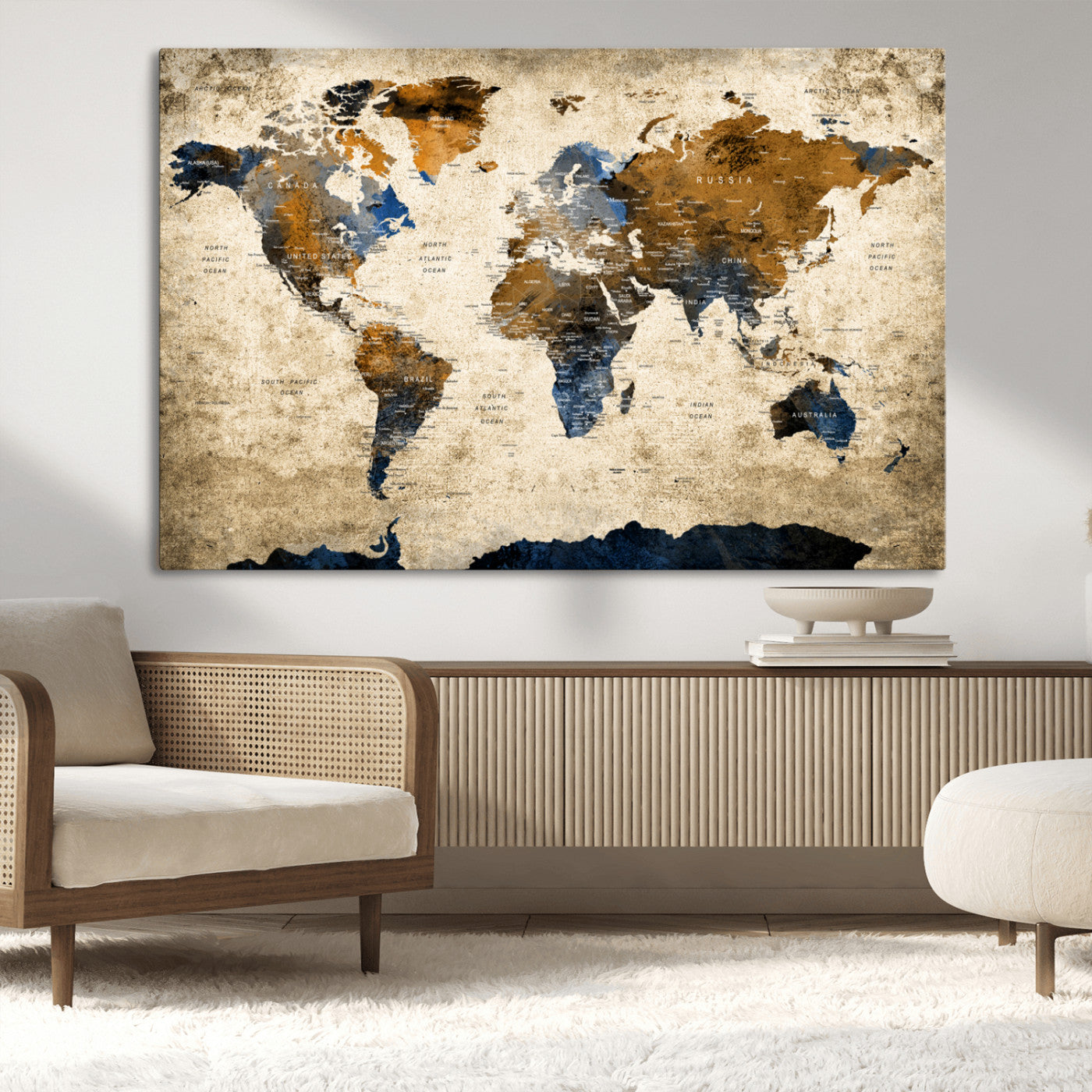 51140-MGV-CV-36X24-World Map Wall Art – Rustic Earth Tone Canvas Print, Antique Travel Map Design for Living Room, Office or Study, Classic Adventure Decor