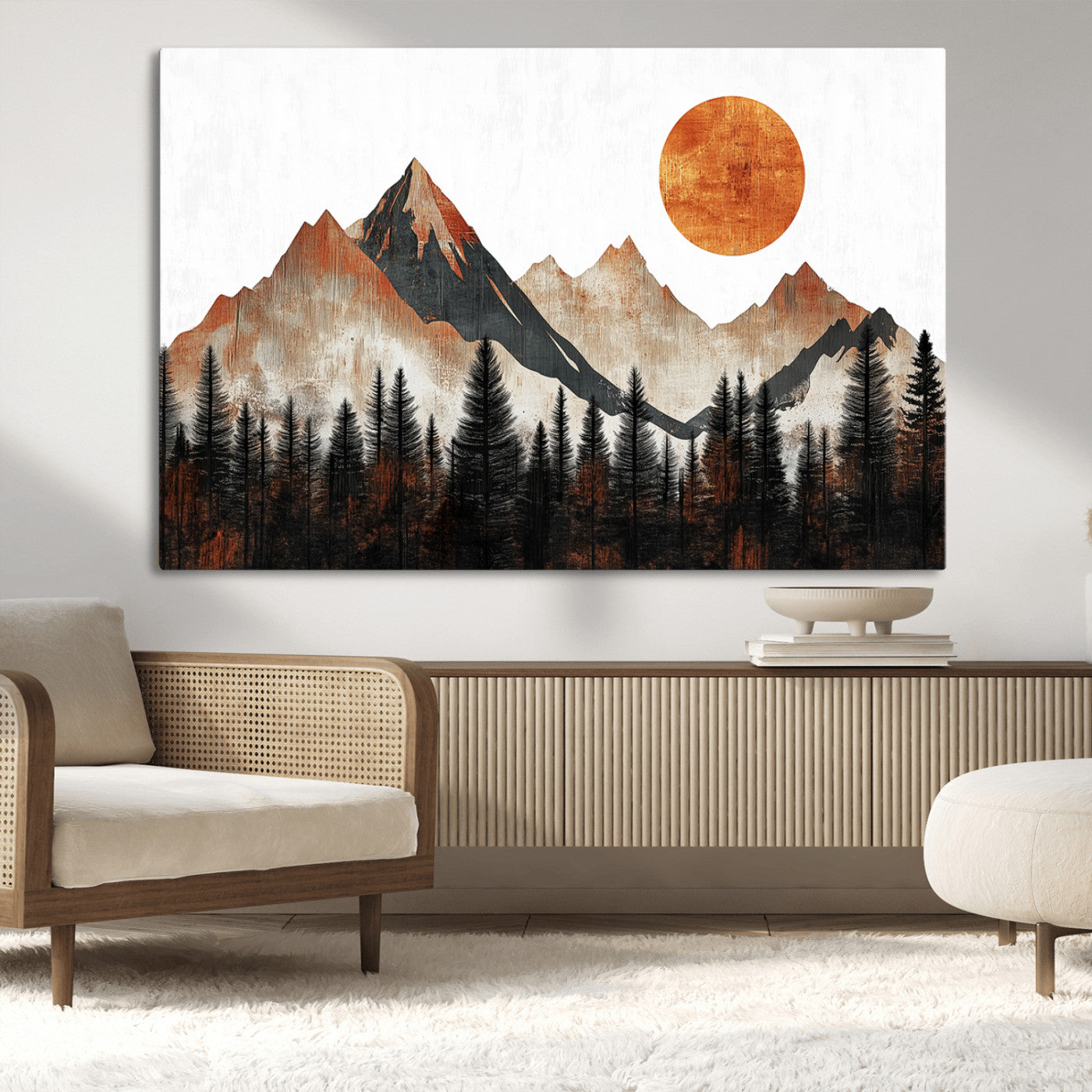 71366-MGV-CV-36X24-Modern Abstract Mountain Canvas Wall Art Print, Abstract Landscape Print, Rustic Sun and Mountains
