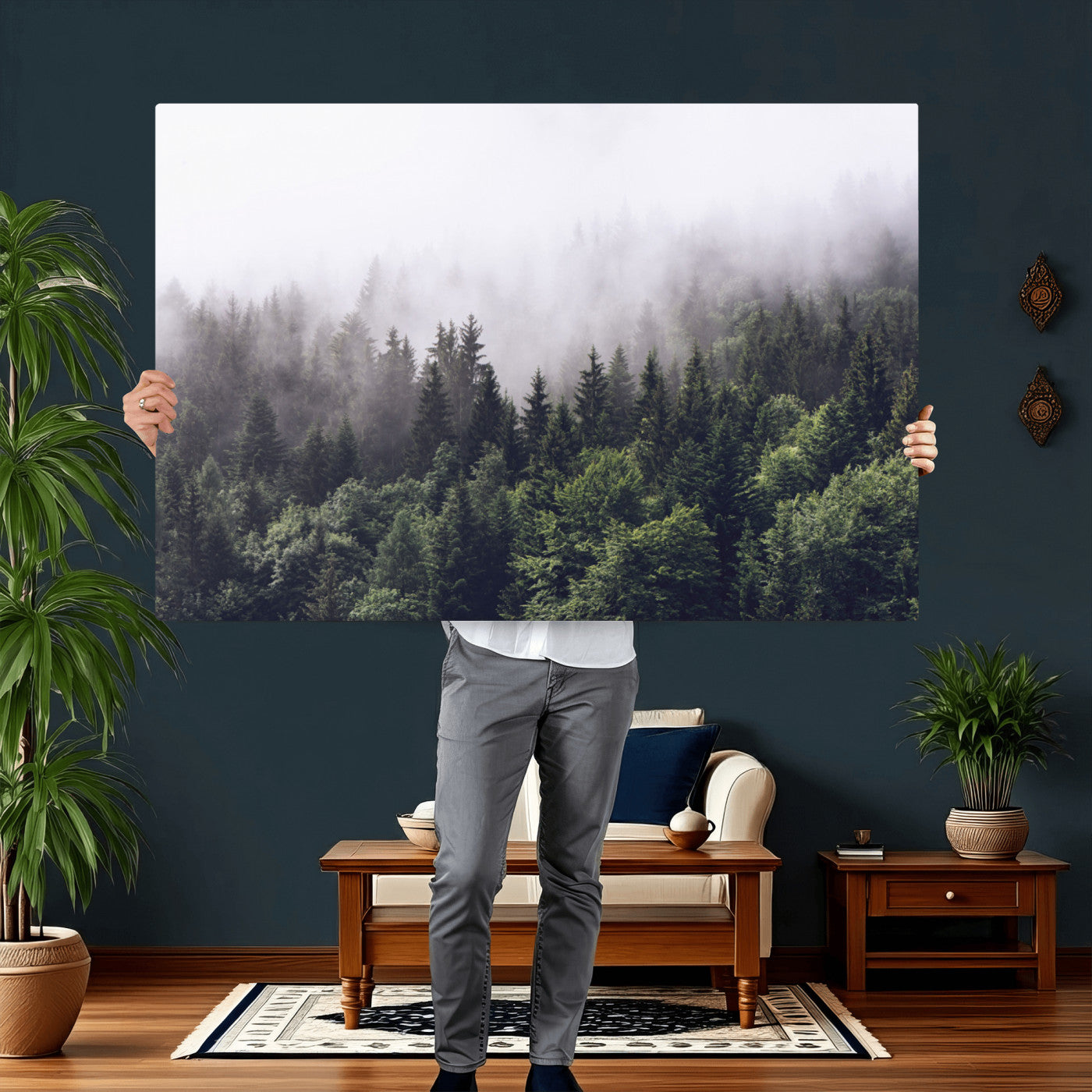 42578900-MGV-CV-36X24 - Misty Forest Canvas Wall Art – Serene Triptych Nature Print – Woodland Landscape Decor for Living