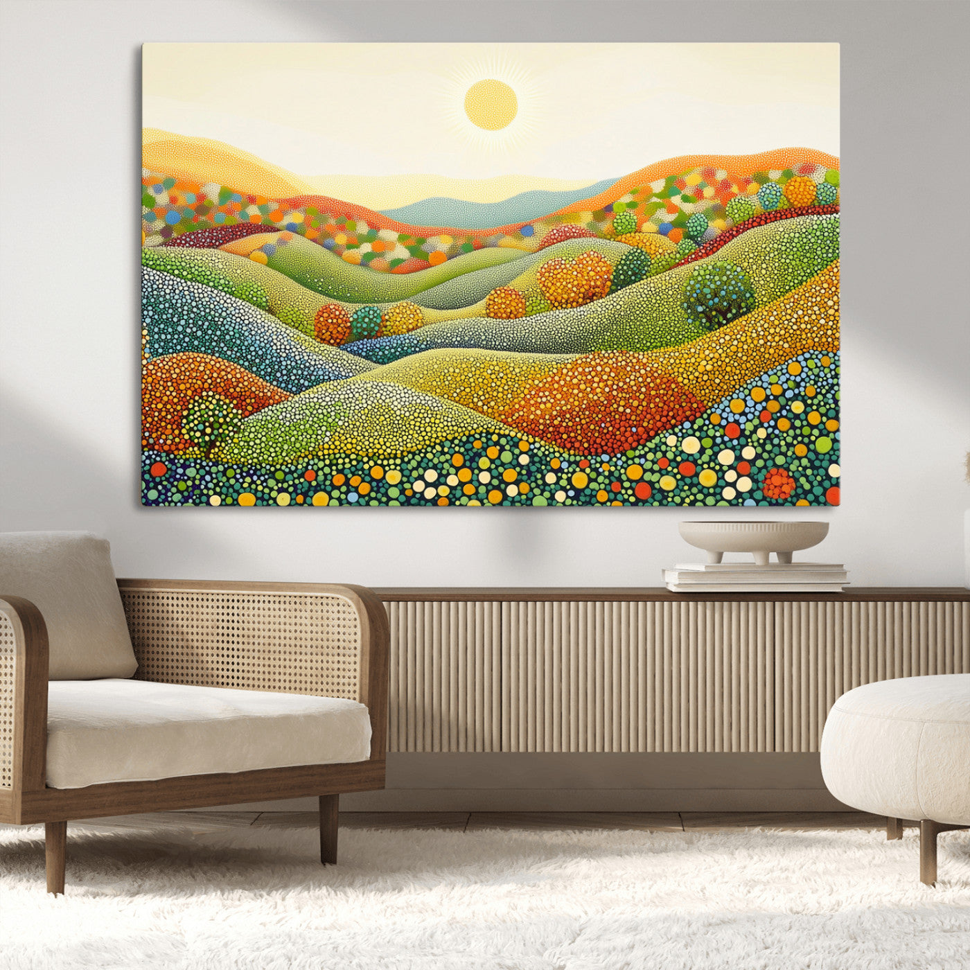 27683-MGV-CV-36X24-YAYOI KUSAMA Colorful Dot Art Landscape Canvas - Framed Abstract Pointillism Inspired by Nature with