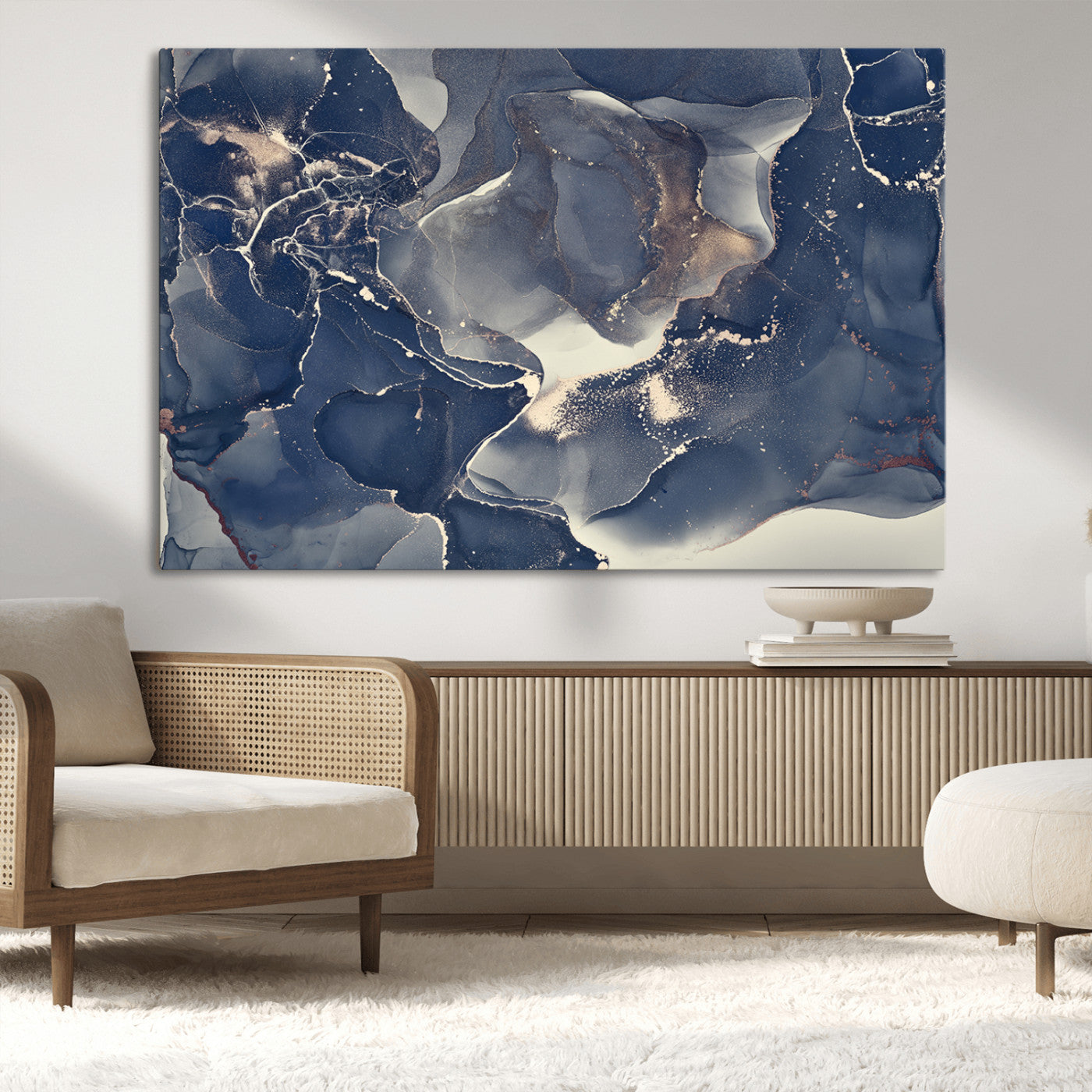 28282-MGV-CV-36X24-Large Abstract Blue and Gold Canvas Wall Art | Fluid Ink Artwork Print | Luxury Wall Decor for