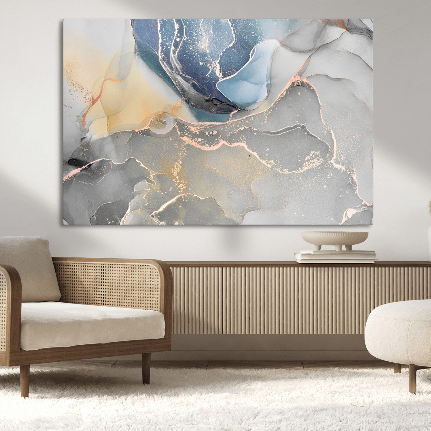 18176-MGV-CV-36X24-Large Abstract Blue and Gold Canvas Wall Art | Fluid Ink Artwork Print | Luxury Wall Decor for