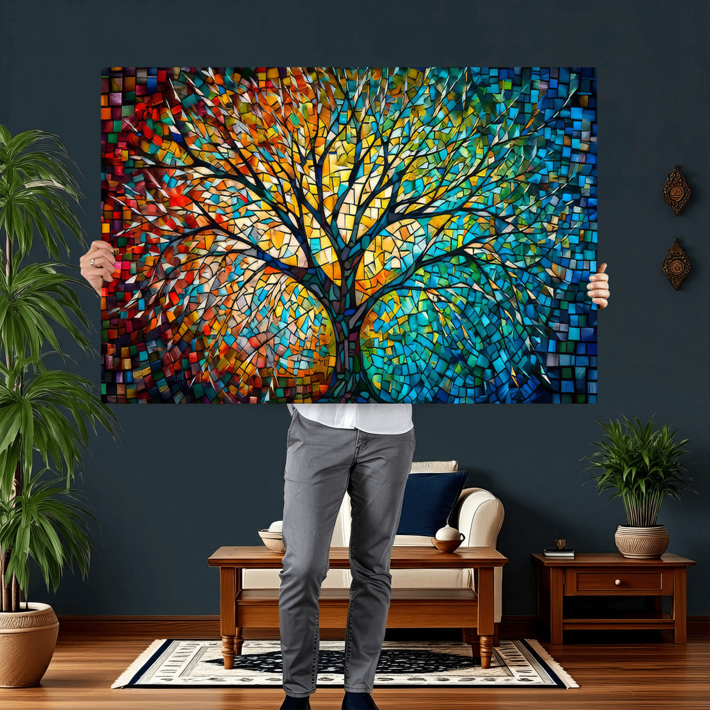 99325-MGV-CV-36X24 - Yggdrasil Tree of Life Wall Art Print Canvas | Mosaic Style 3-Panel Canvas Print